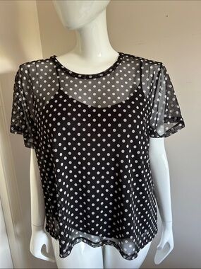 Kim & Cami Black Sheer Polka Dot Overlay Tee, size 3x
